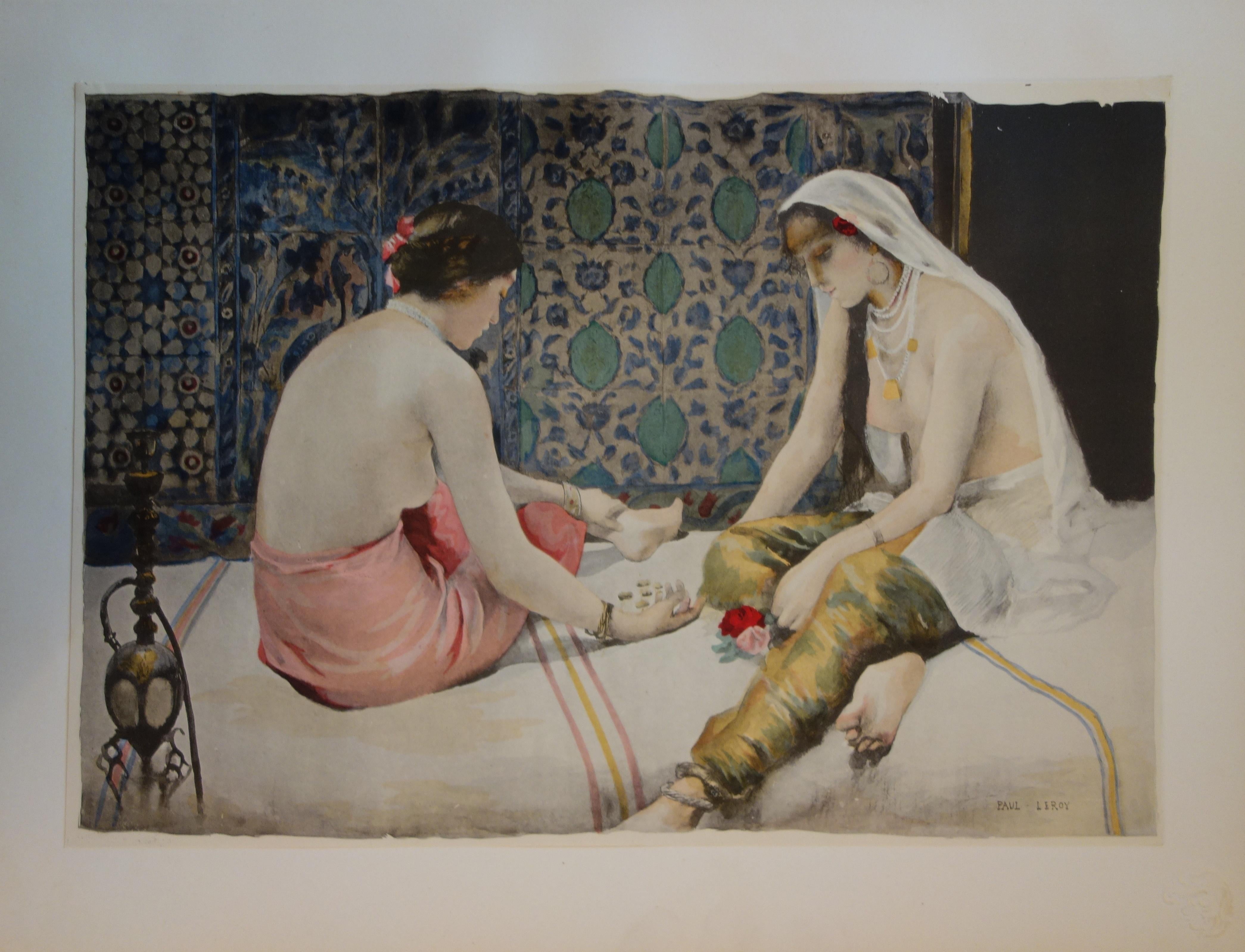 Orientalismo: giovani donne che giocano - Litografia originale, 1898 - Print di Paul Leroy