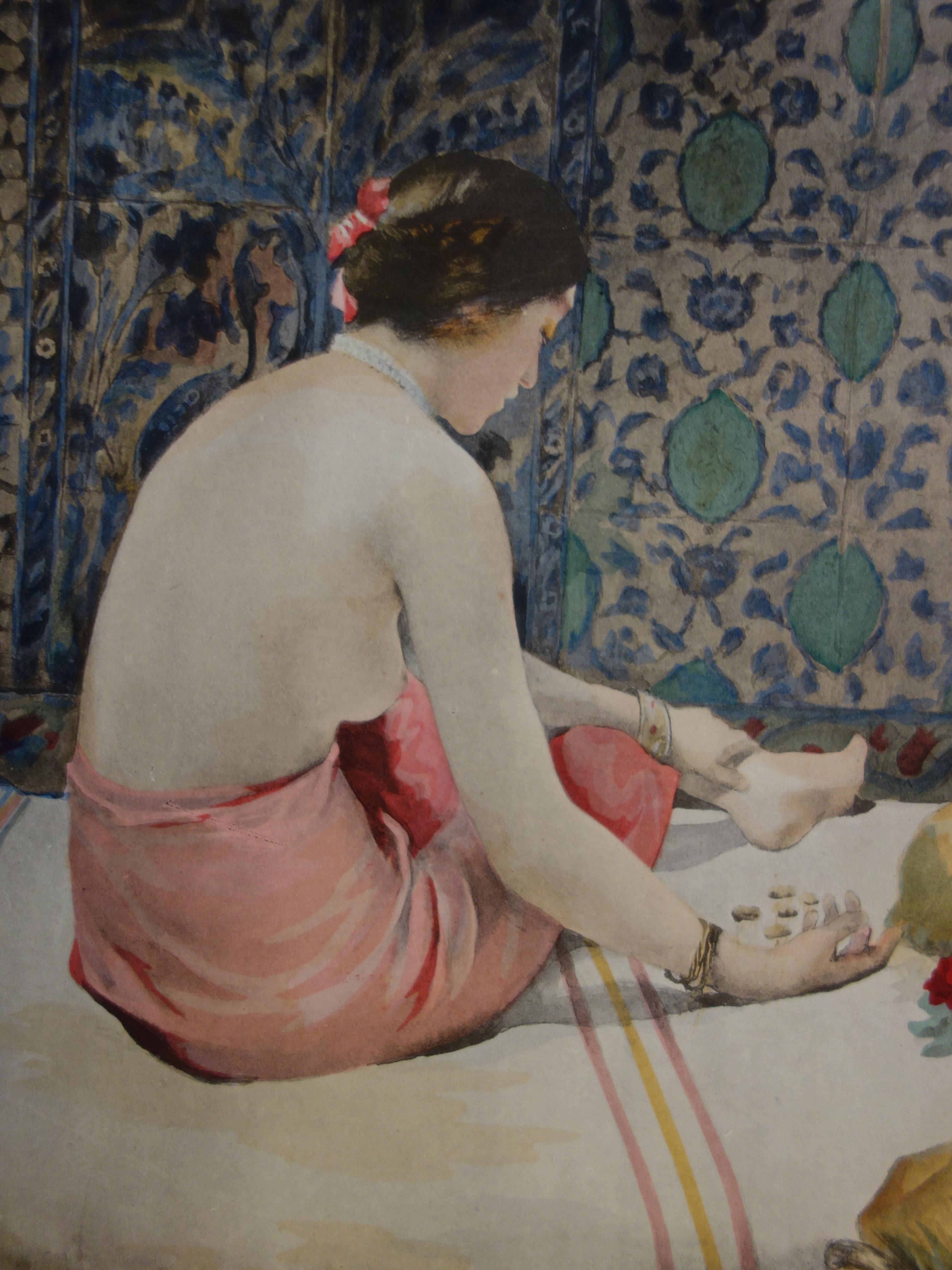 Orientalismo: giovani donne che giocano - Litografia originale, 1898 - Figurative Print Marrone di Paul Leroy