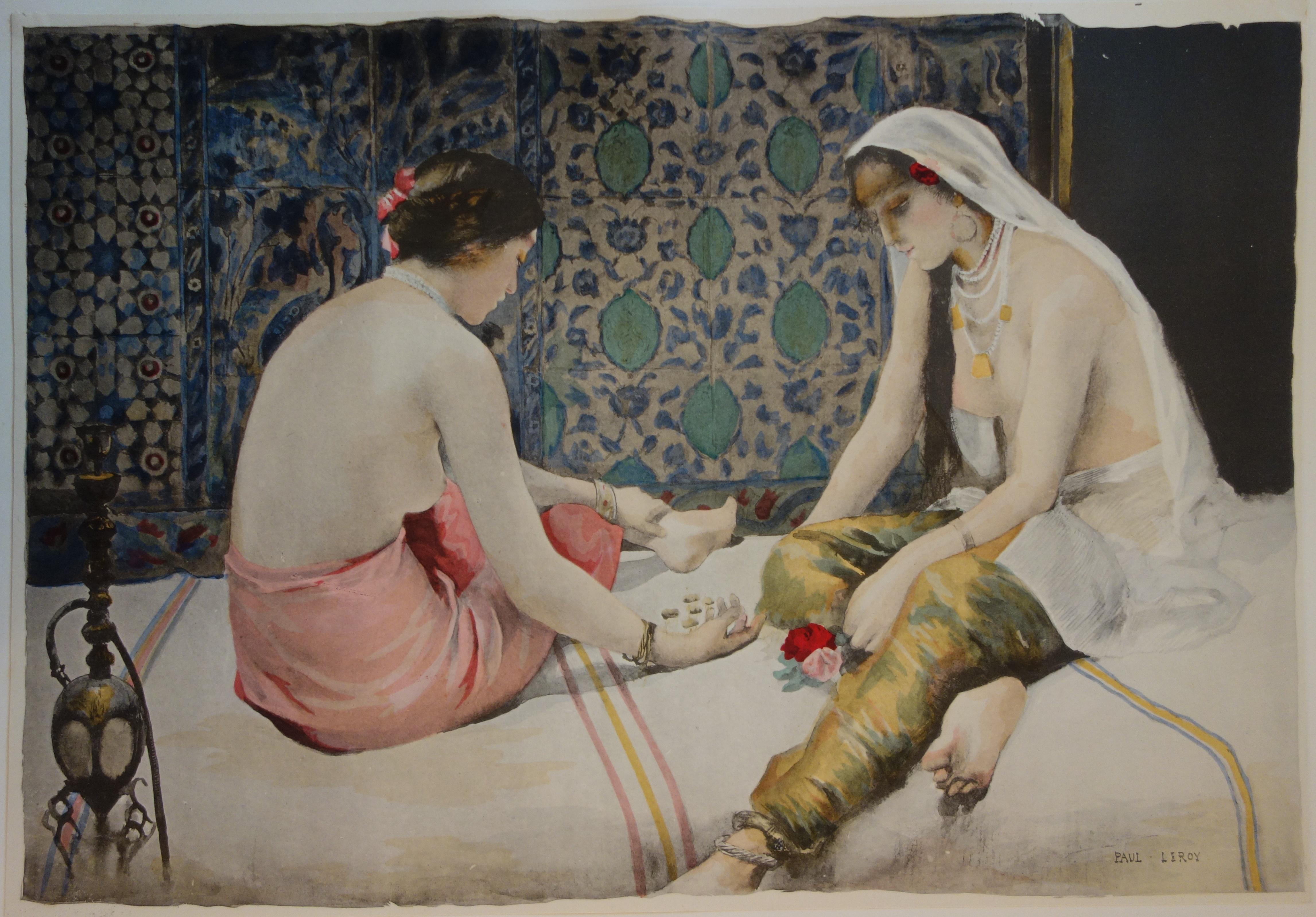 Figurative Print di Paul Leroy - Orientalismo: giovani donne che giocano - Litografia originale, 1898