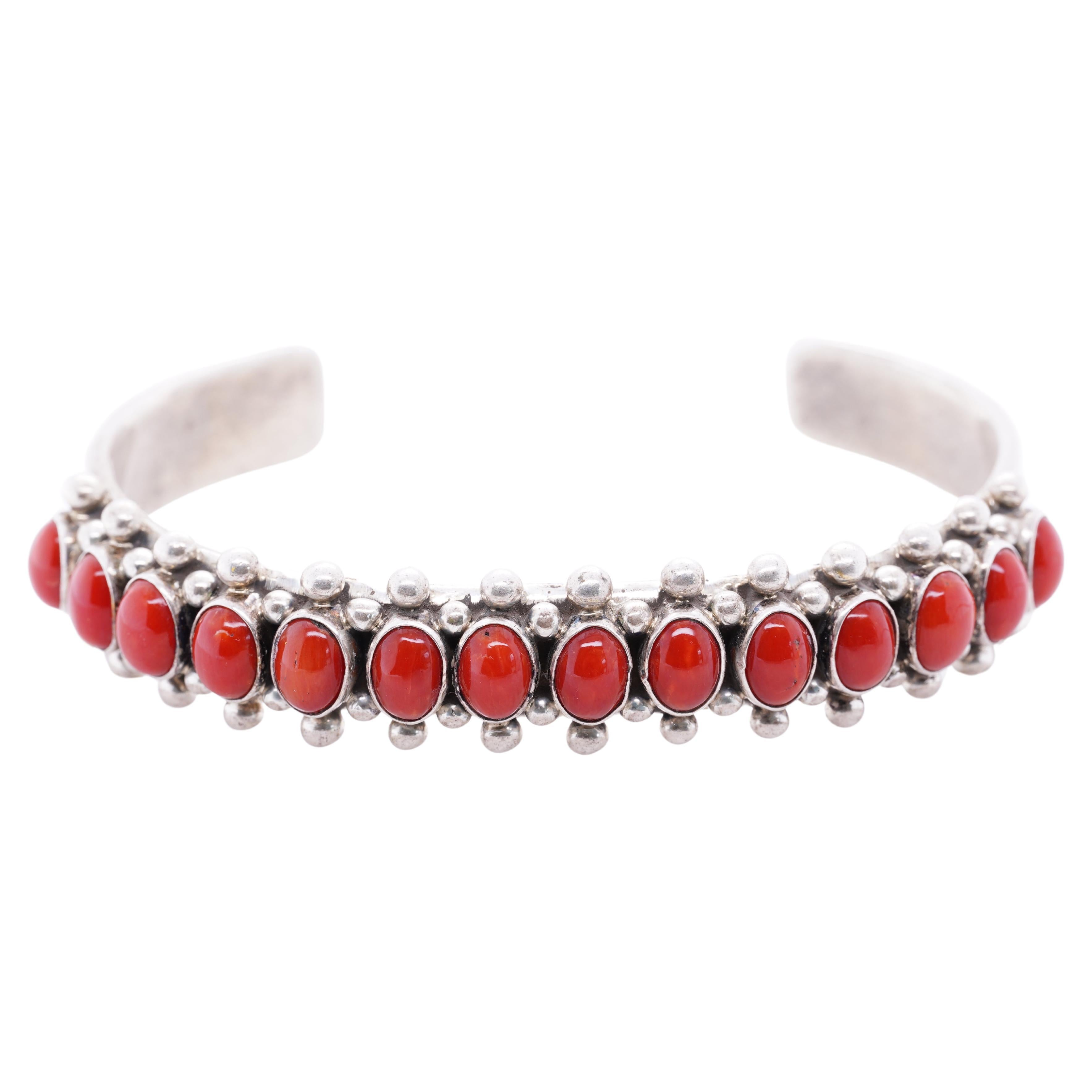 Paul Livingston Navajo Bright Red Oval Coral Sterling Silver Heavy Cuff Bracelet