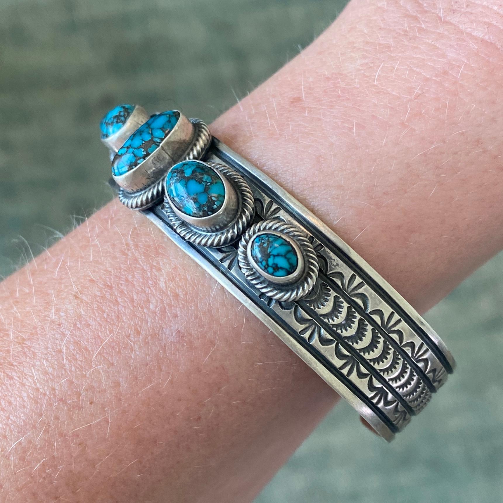 Paul Livingston Navajo Dark Blue Oval Turquoise Silver Heavy Cuff