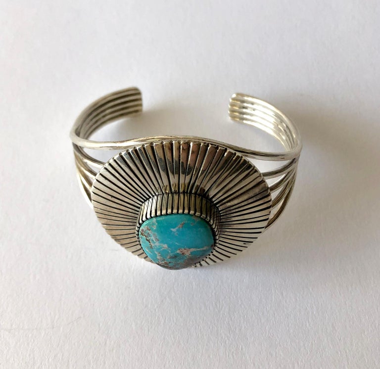 Native American Paul Livingston Navajo Sterling Silver Candelaria Turquoise Domed Bracelet For Sale