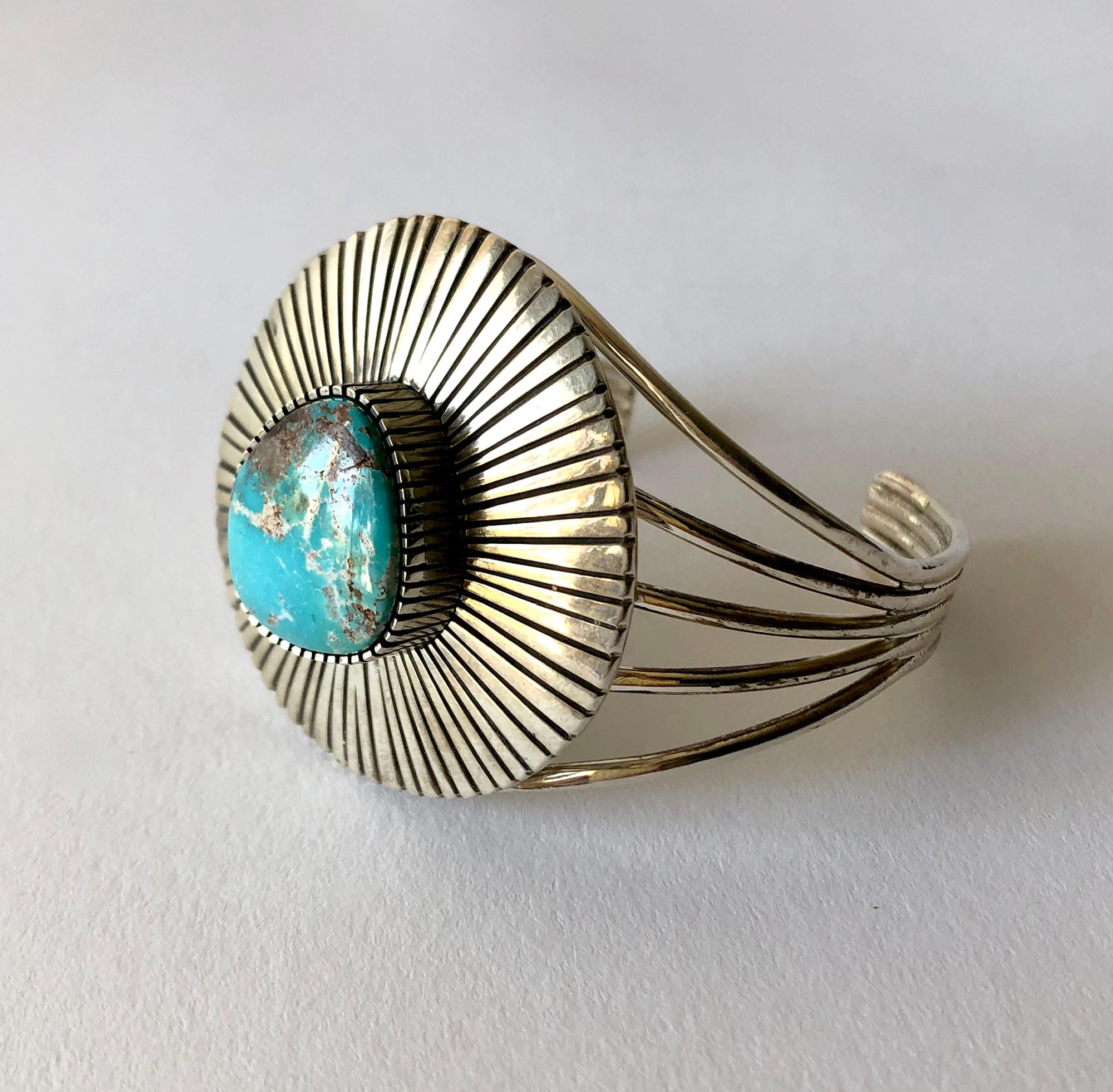 Paul Livingston Navajo Sterling Silver Candelaria Turquoise Domed Bracelet In Good Condition In Palm Springs, CA