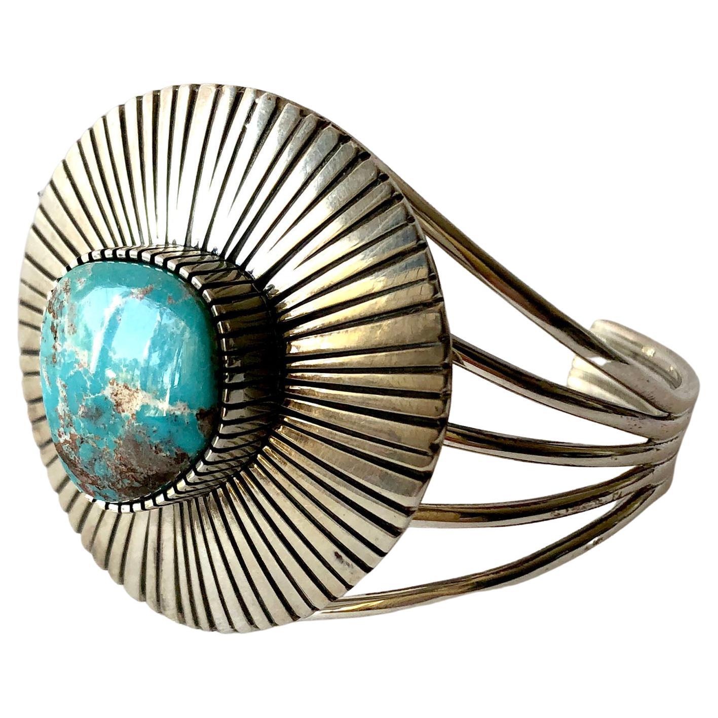 Paul Livingston Navajo Sterling Silver Candelaria Turquoise Domed Bracelet