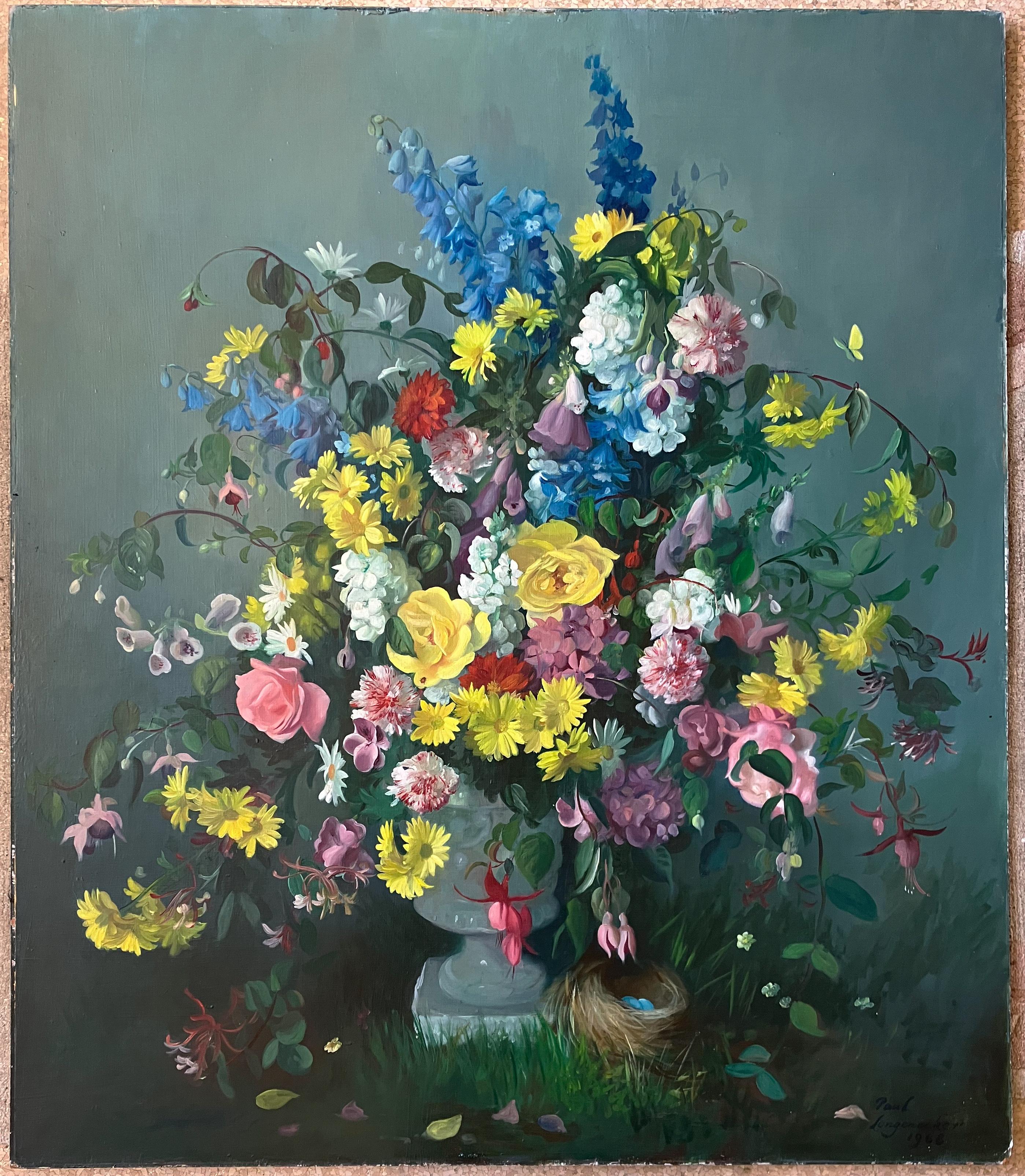 Stillleben – Blumen in Urne mit Vogelnest – Painting von Paul Longenecker