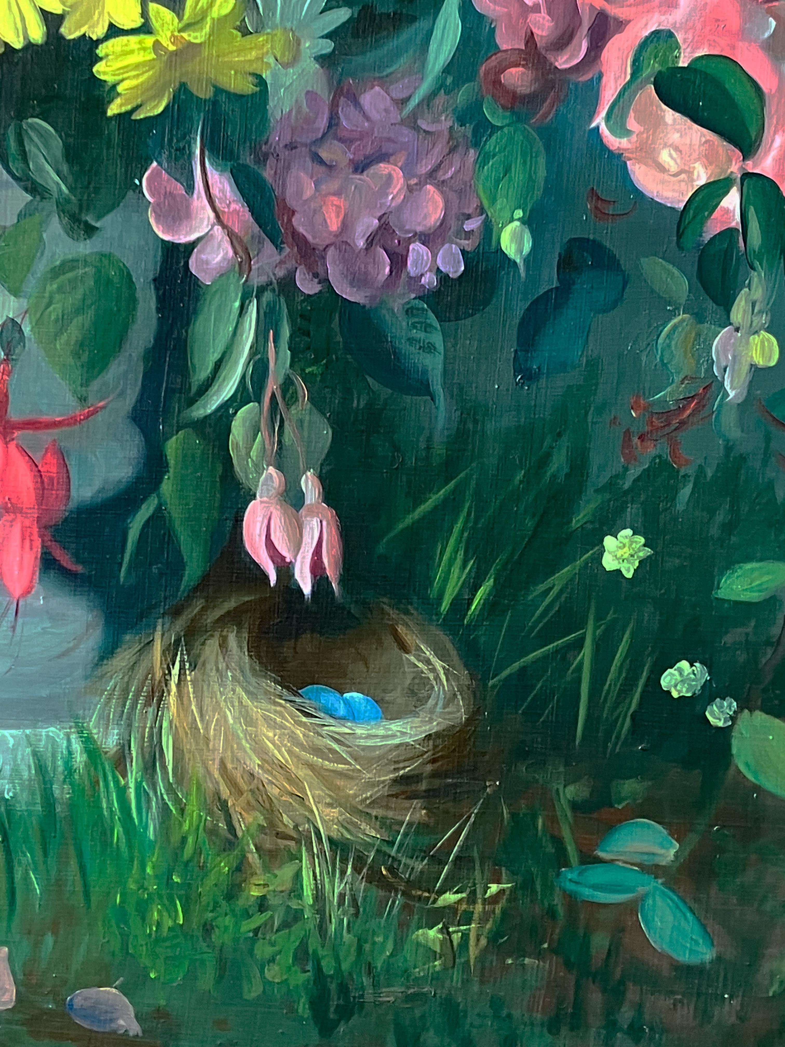 Stillleben – Blumen in Urne mit Vogelnest (Braun), Still-Life Painting, von Paul Longenecker