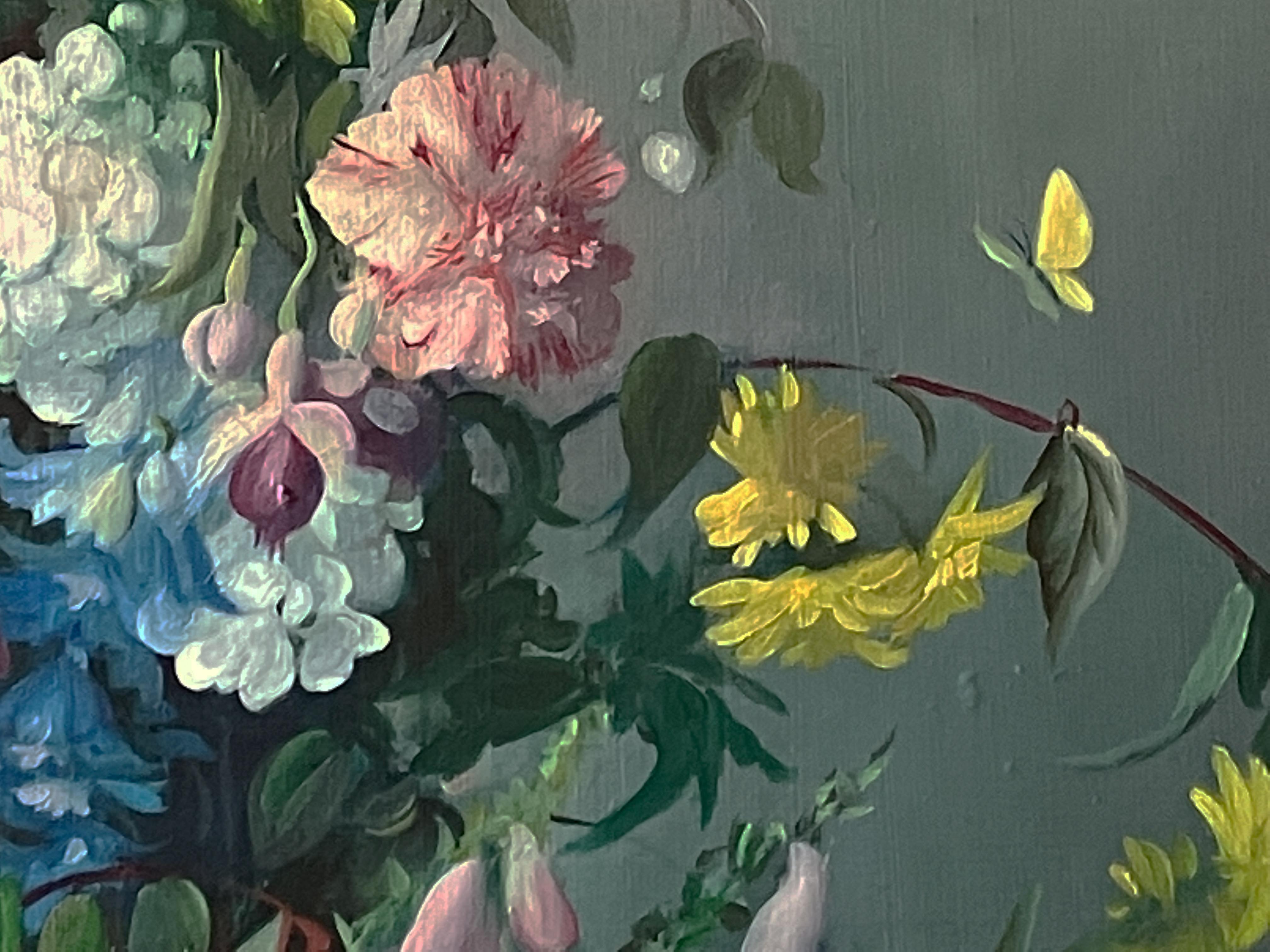 Stillleben – Blumen in Urne mit Vogelnest im Angebot 1