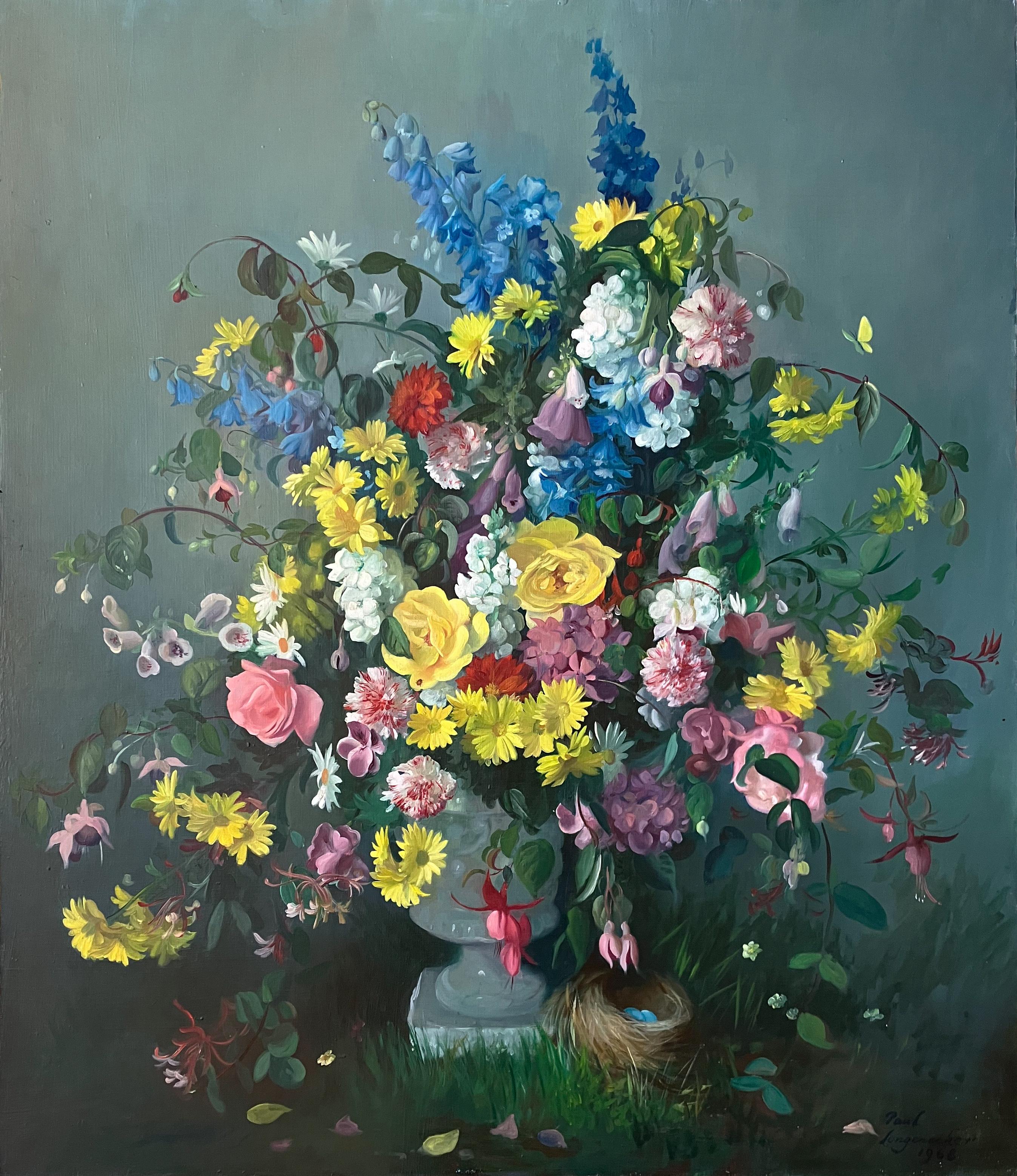 Paul Longenecker Still-Life Painting – Stillleben – Blumen in Urne mit Vogelnest