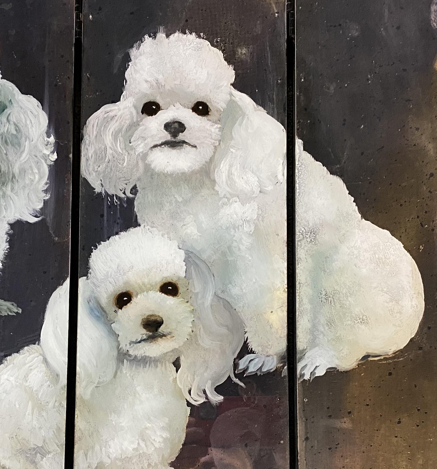 Ebonized Paul Longenecker Oil Painting on Mirrored Folding Screen of 3 Miniature Dogs For Sale