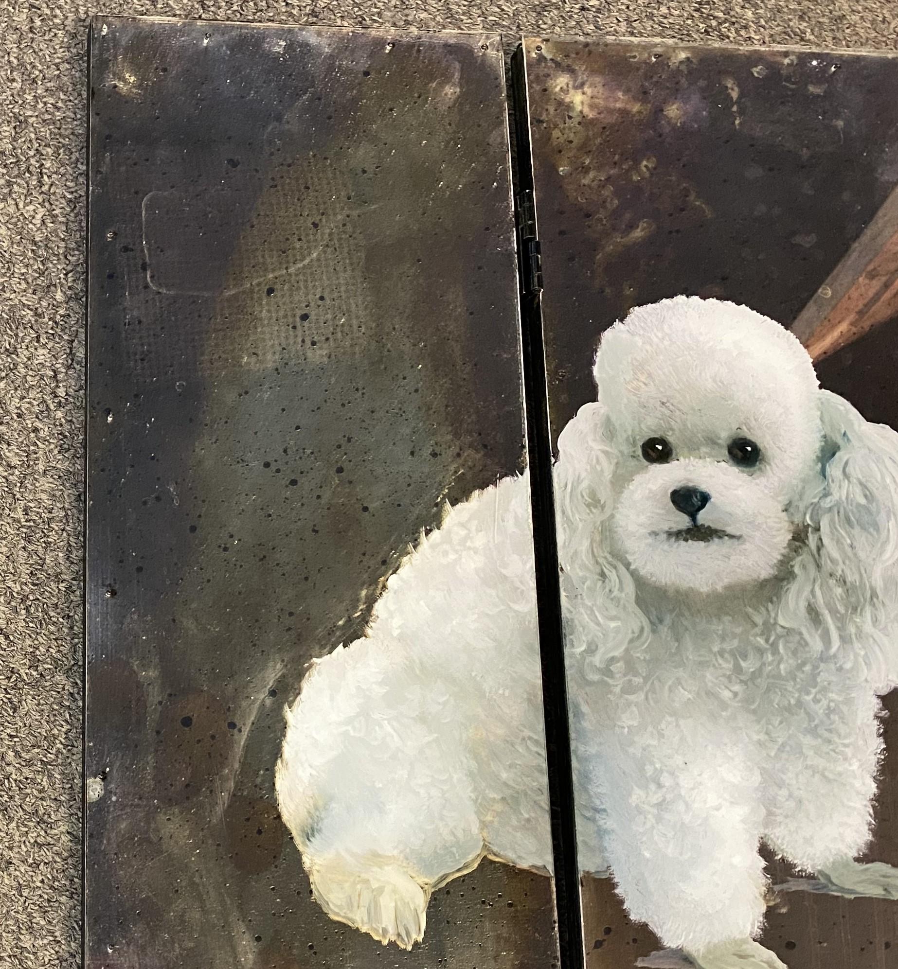 Plexiglass Paul Longenecker Oil Painting on Mirrored Folding Screen of 3 Miniature Dogs For Sale