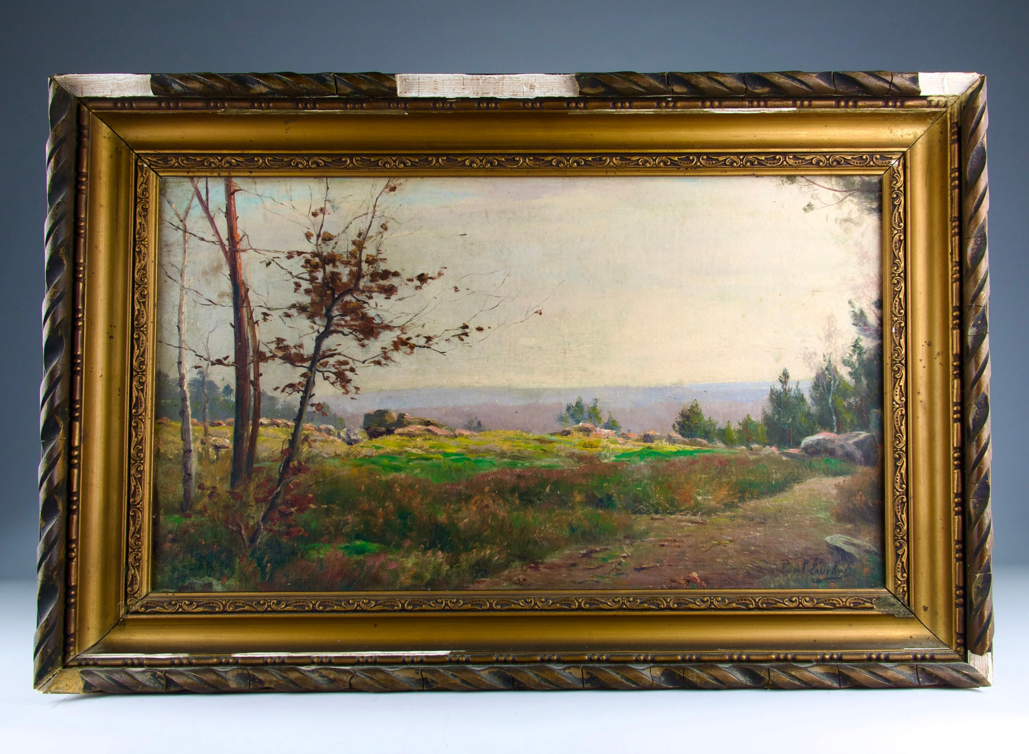 Superb painting on cardboard of a forest landscape of Fontainebleau at dawn by the multidisciplinary artist Paul Louchet (1854-1936). Signed at the bottom right and titled at the back.

The painting is in excellent condition. The frame has some