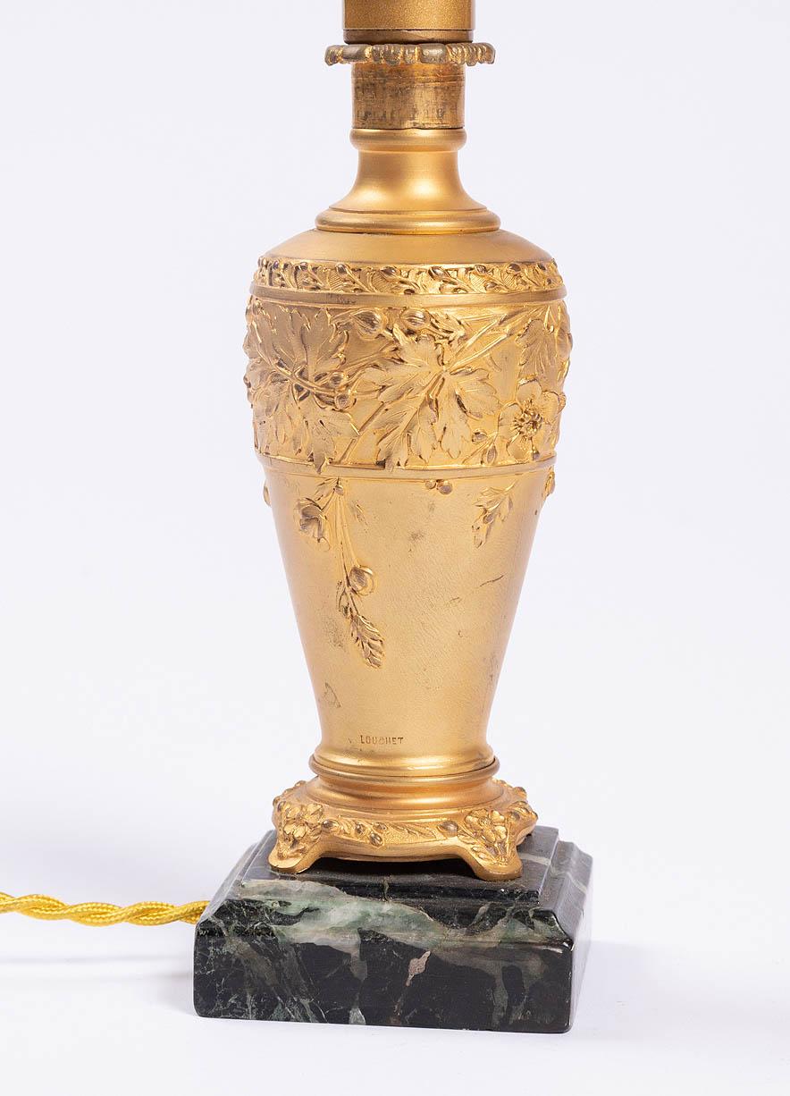 French Paul Louchet, Pair of Gilt Bronze Bedside Lamps, Art Nouveau Period