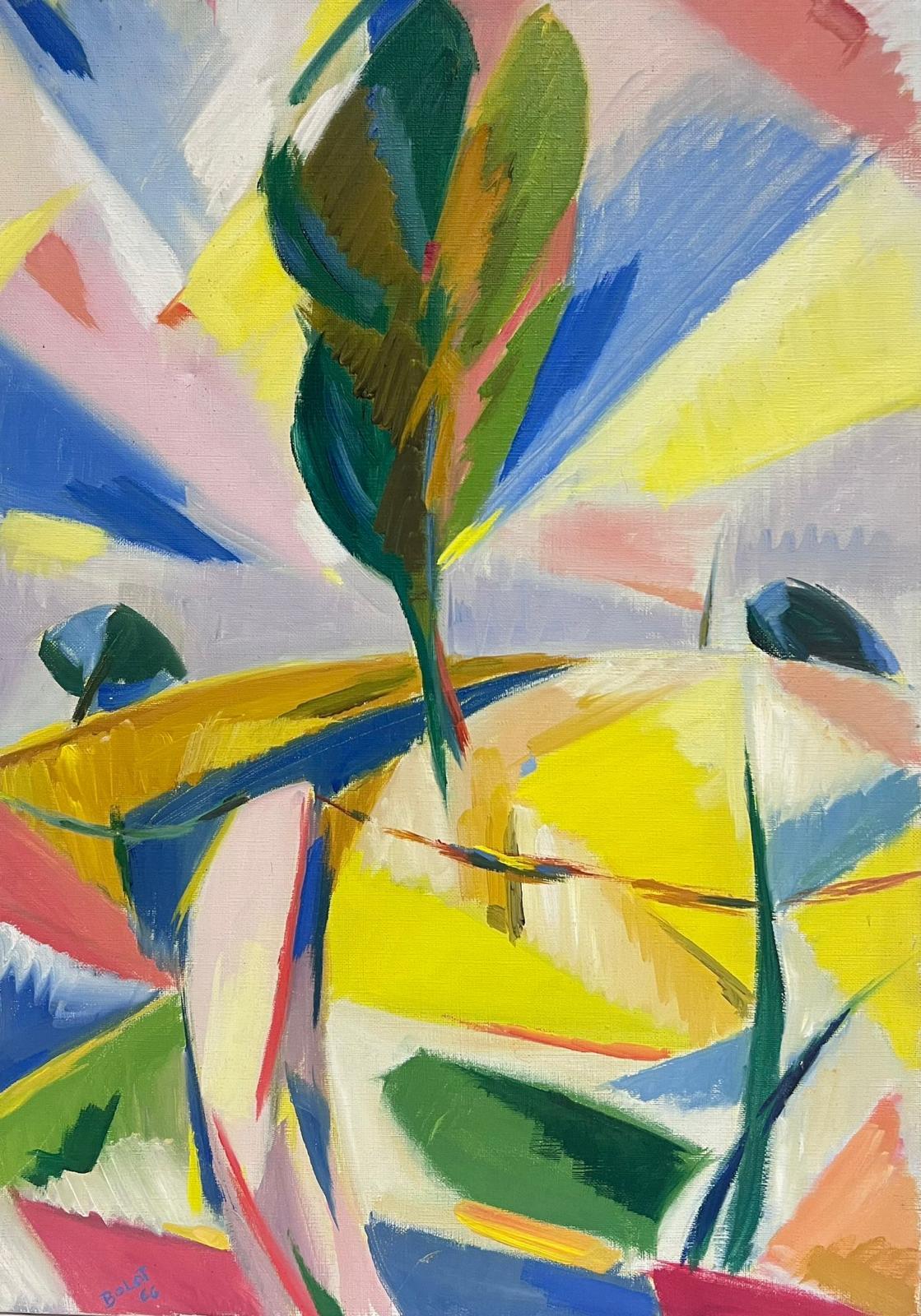 1960's Französisch kubistische Ölgemälde Helle Landschaft mit Baum Erstaunliche Farben – Painting von Paul-Louis Bolot (French 1918-2003)