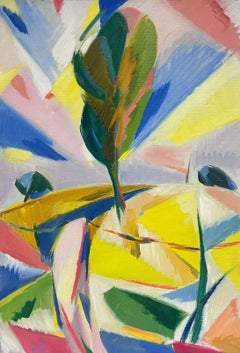 Pittura a olio cubista francese degli anni '60 Paesaggio luminoso con alberi dai colori sorprendenti