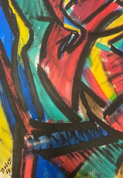 1960's French Modernist Cubist Painting Gentleman In Red With Violin