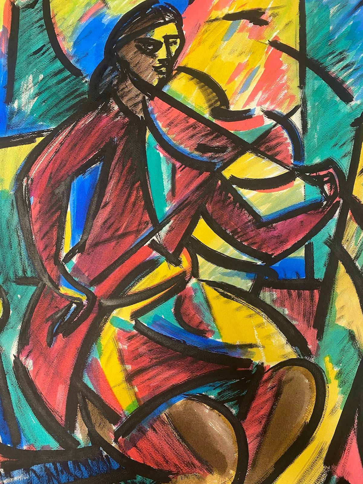 Paul-Louis Bolot (French 1918-2003) Figurative Art - 1960's French Modernist Cubist Painting Gentleman In Red With Violin