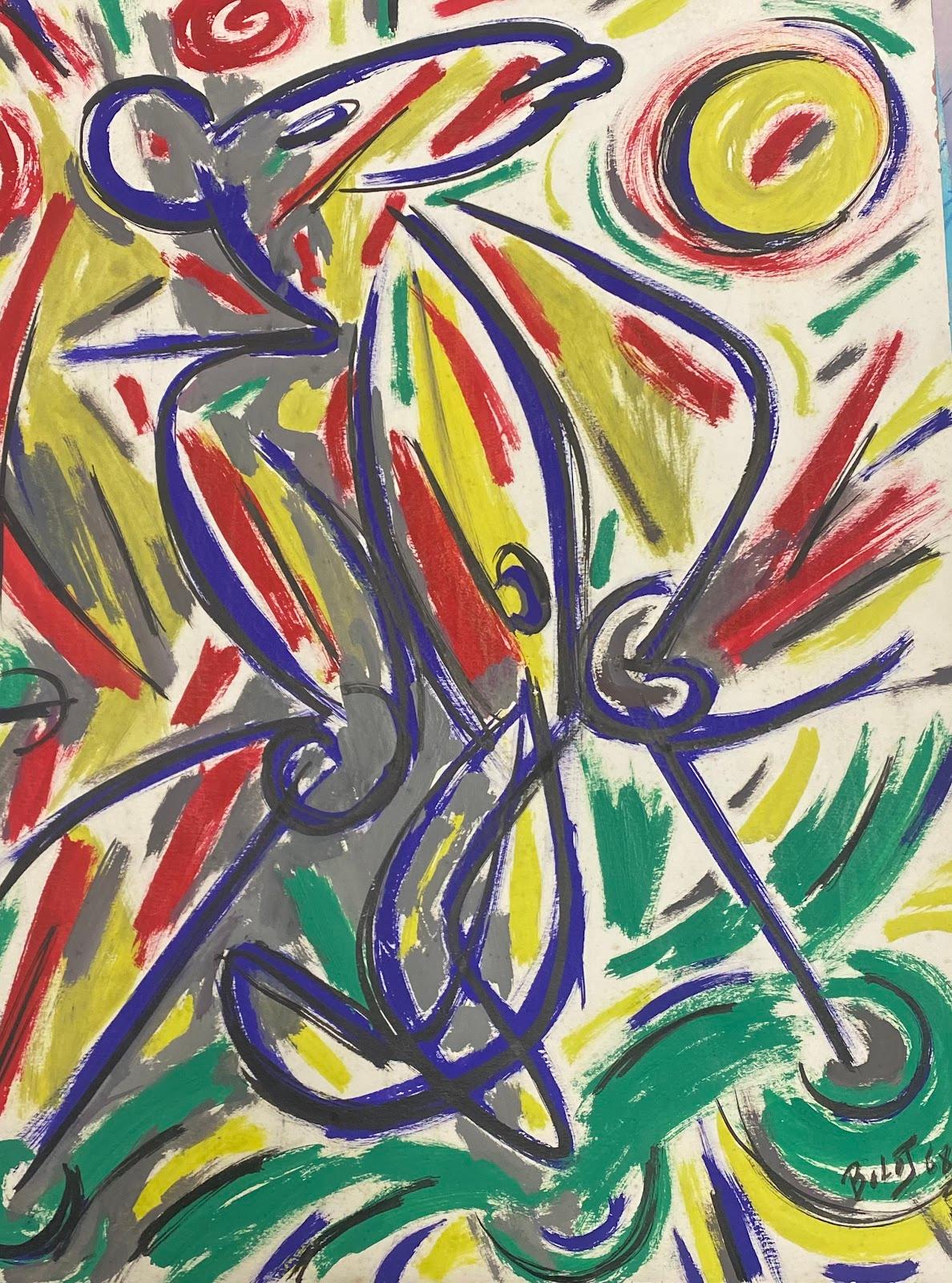 Quadro francese degli anni '60 Fiori di Allium blu e viola disposti in un vaso di vetro - Painting Moderno di Paul-Louis Bolot (French 1918-2003)