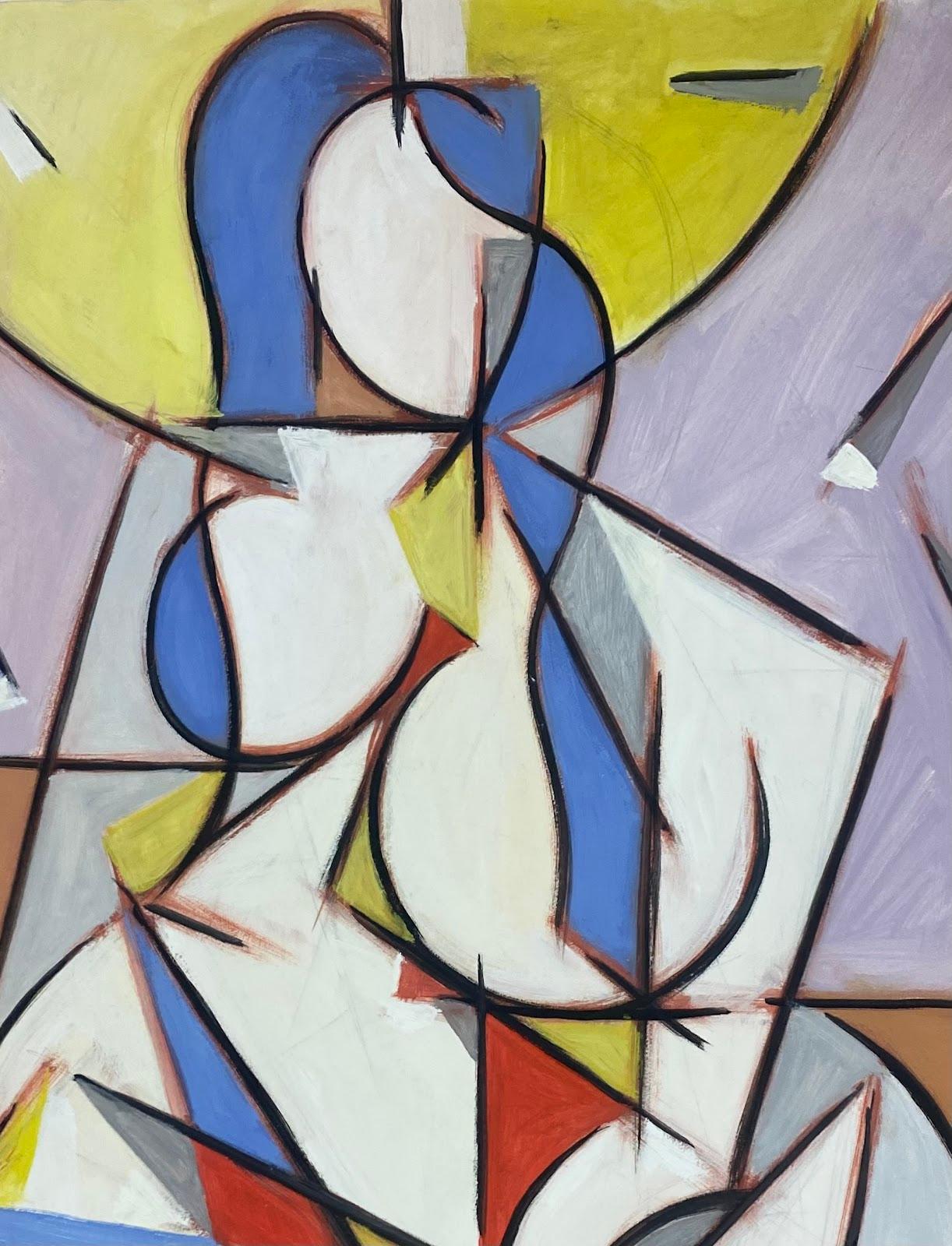 Pintura cubista geométrica francesa de los años 70 Figura abstracta en pose de yoga - Painting de Paul-Louis Bolot (French 1918-2003)