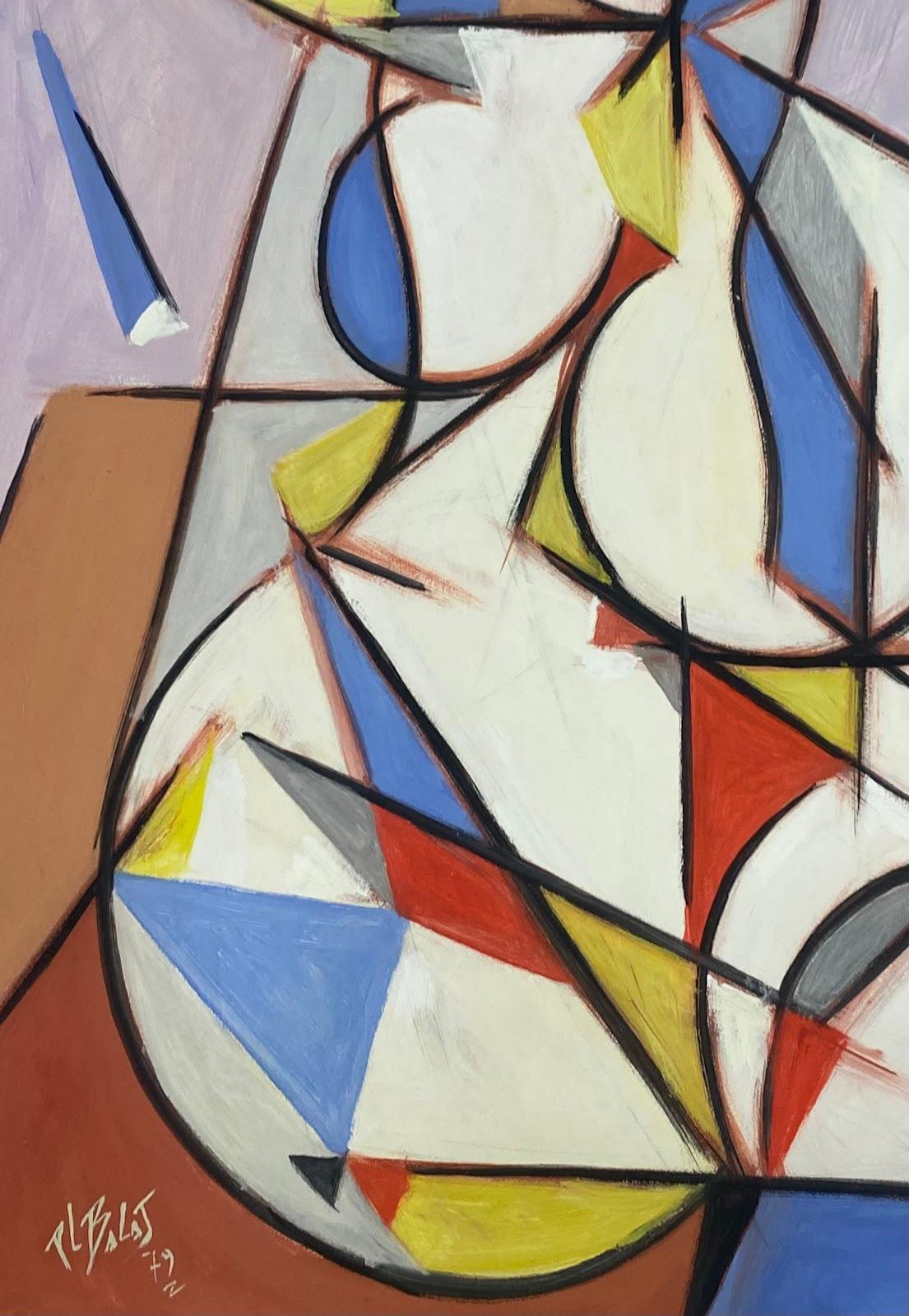 Pintura cubista geométrica francesa de los años 70 Figura abstracta en pose de yoga - Painting Geométrico abstracto de Paul-Louis Bolot (French 1918-2003)