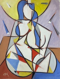 Peinture cubiste géométrique française des années 1970 - Figure abstraite peinte en forme de yoga