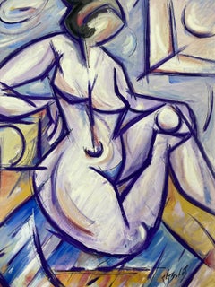 1970's French Modernist Cubist Painting Seated Nude Woman Purple Abstract
