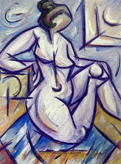 Vintage 1970's French Modernist Cubist Painting Seated Nude Woman Purple Abstract