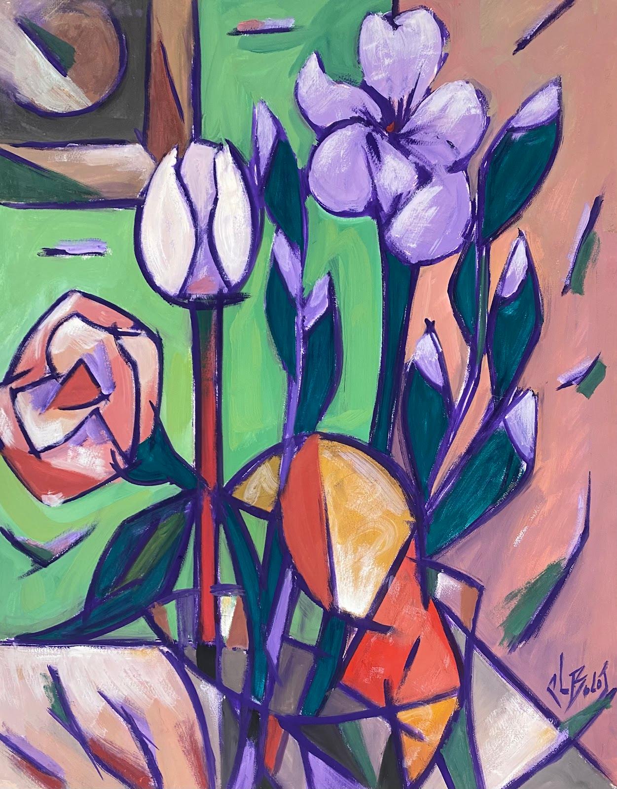 Paul-Louis Bolot (French 1918-2003) Still-Life Painting - 1970's French Modernist Cubist Signed Painting Pink & Purple Flowers