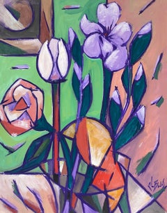 1970's French Modernist Cubist Signed Painting Pink & Purple Flowers