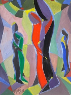 1970's Französisch Modernist Gouache Malerei bunten kubistischen Figuren