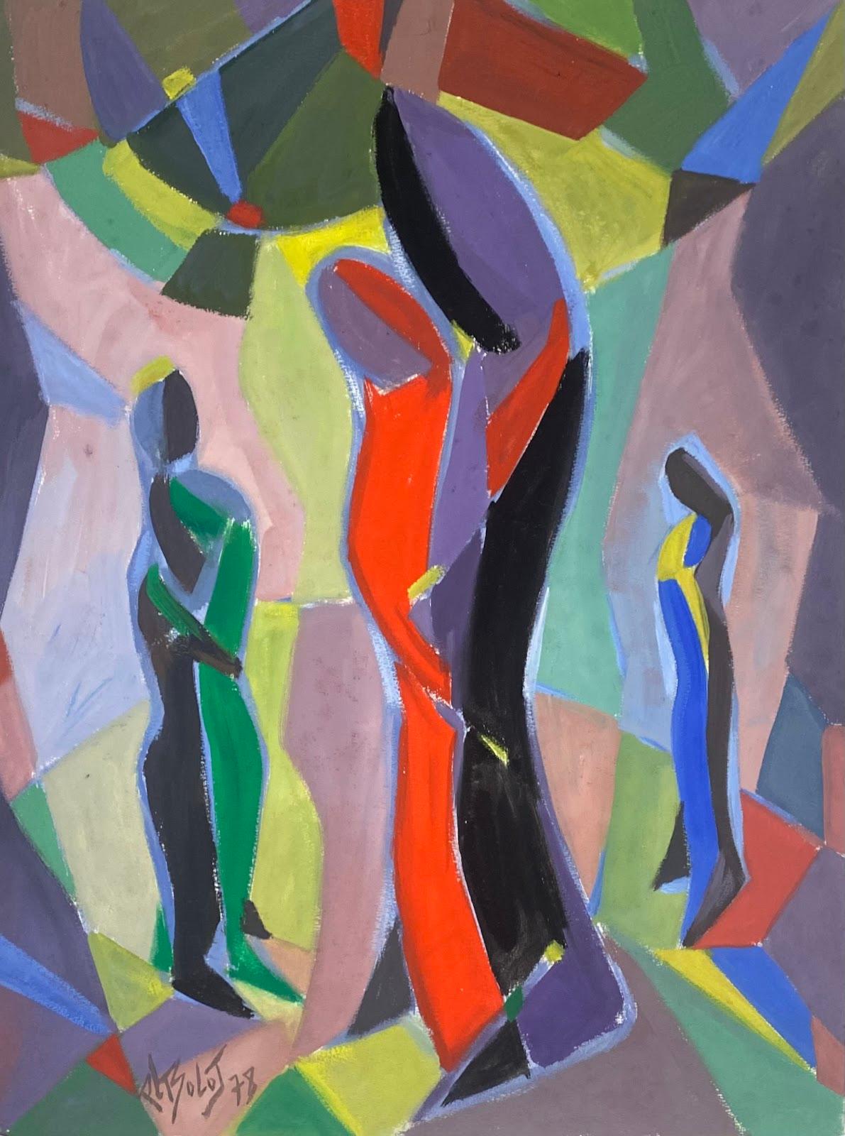 1970's French Modernist Gouache Painting Colorful Cubist Figures 