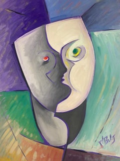 1970's French Modernist Gouache Painting Two Contrasting Face Masques