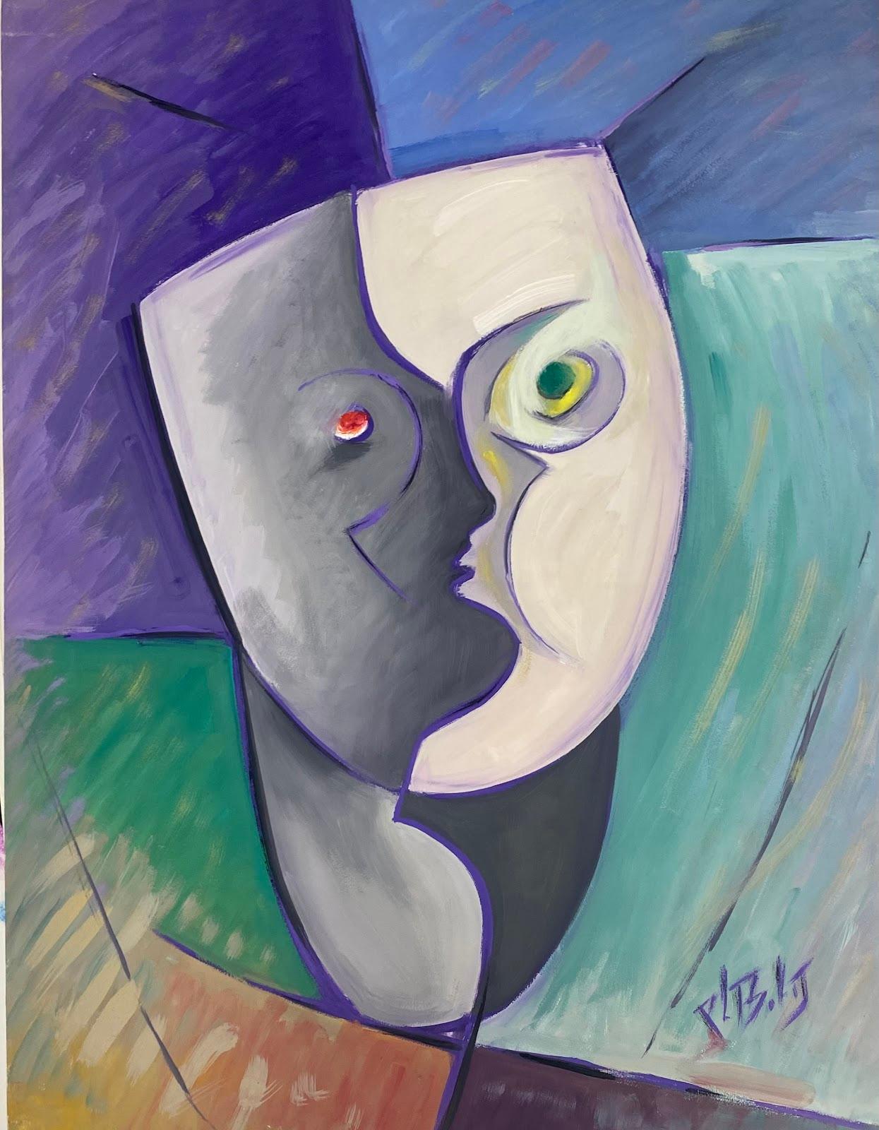 Paul-Louis Bolot (French 1918-2003) Figurative Painting - 1970's French Modernist Gouache Painting Two Contrasting Face Masques