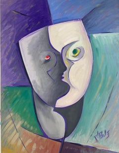 Peinture à la gouache moderniste française des années 1970 Deux masques de visage contrastés