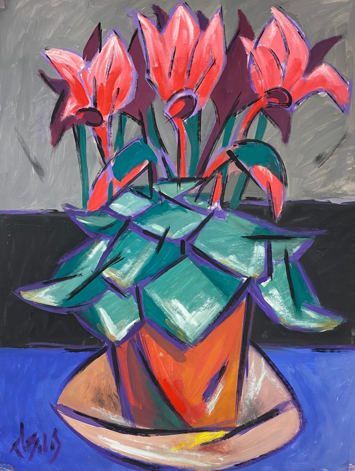 Französisches modernistisches Gemälde im geometrischen Stil der 1970er Jahre, rote Tulpen in Terrakota