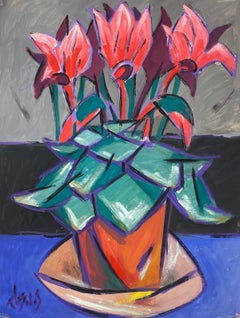 1970's French Modernist Painting Geometric Style Red Tulips in Terracota