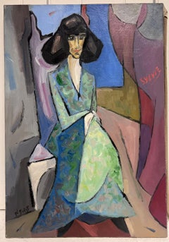 1980's French Cubist Modernist Signed Oil Painting Fashionable Lady in Interior