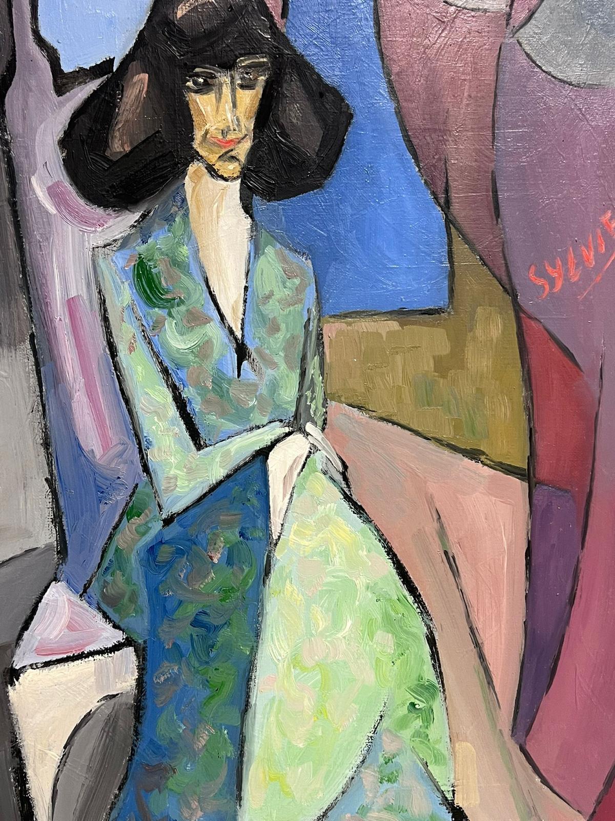 Pittura a olio firmata del 1980, cubista modernista francese, Signora alla moda in un interno - Painting Cubismo di Paul-Louis Bolot (French 1918-2003)