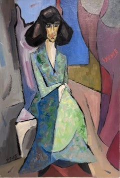 Peinture à l'huile cubiste moderniste française des années 1980 signée Femme à la mode dans un intérieur