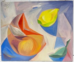 1980's French Cubist Still Life Oil Painting Lemon & Fruit Signed Original