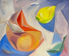 1980's French Cubist Still Life Oil Painting Lemon & Fruit Signed Original 