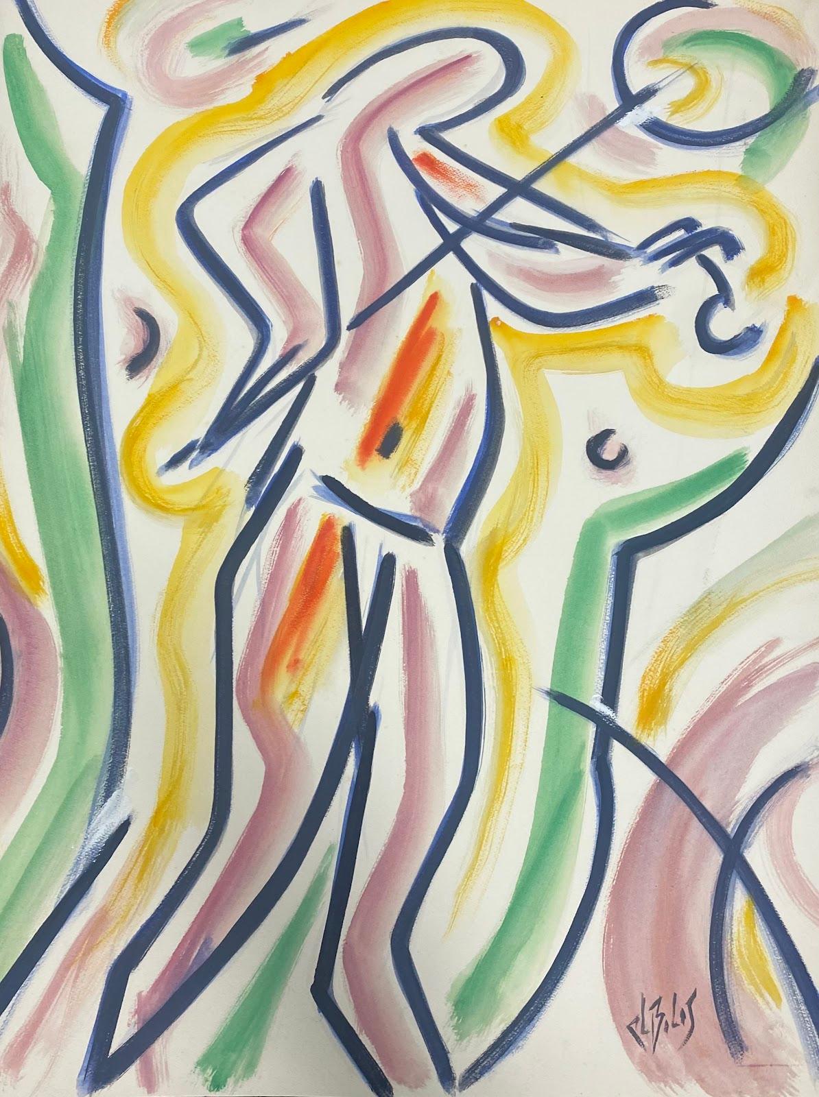Französisches modernistisches Gemälde der 1980er Jahre, amüsante mehrfarbige abstrakte Figur mit Violine