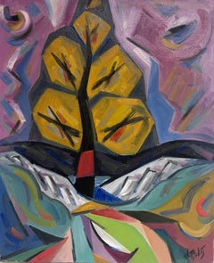 20th Century French Cubist Modernist Signed Oil Painting Tree in Landscape