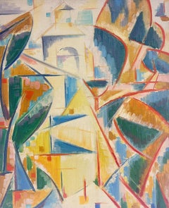Peinture à l'huile cubiste française du 20e siècle représentant des immeubles ensoleillés du sud de la France, signée