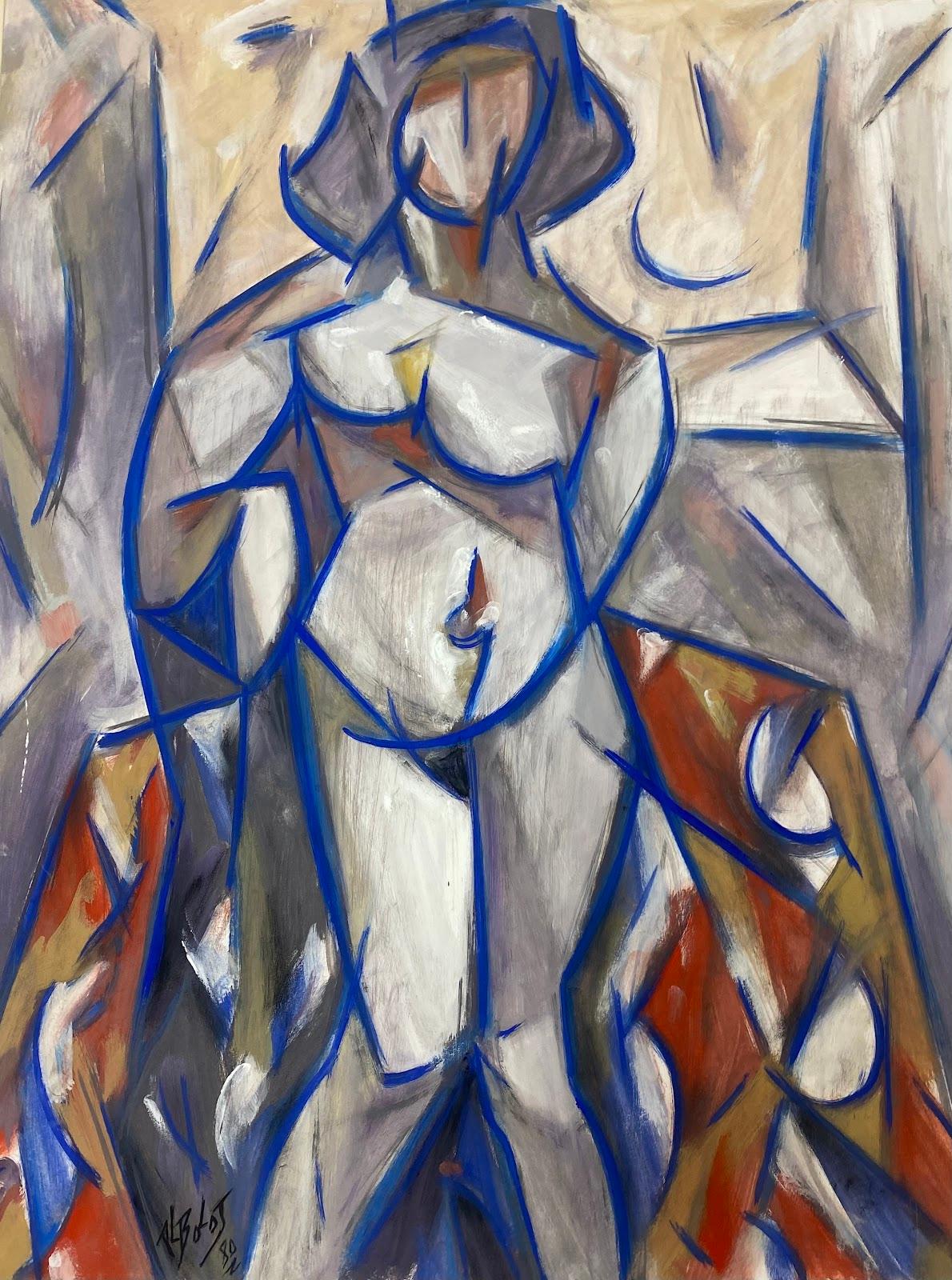 Figurative Painting Paul-Louis Bolot (French 1918-2003) - Peinture cubiste française du 20ème siècle représentant une femme nue et bleue abstraite