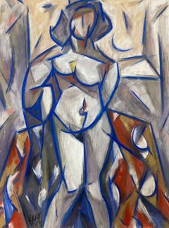Vintage 20th Century French Cubist Painting Female Nude Blue Abstract