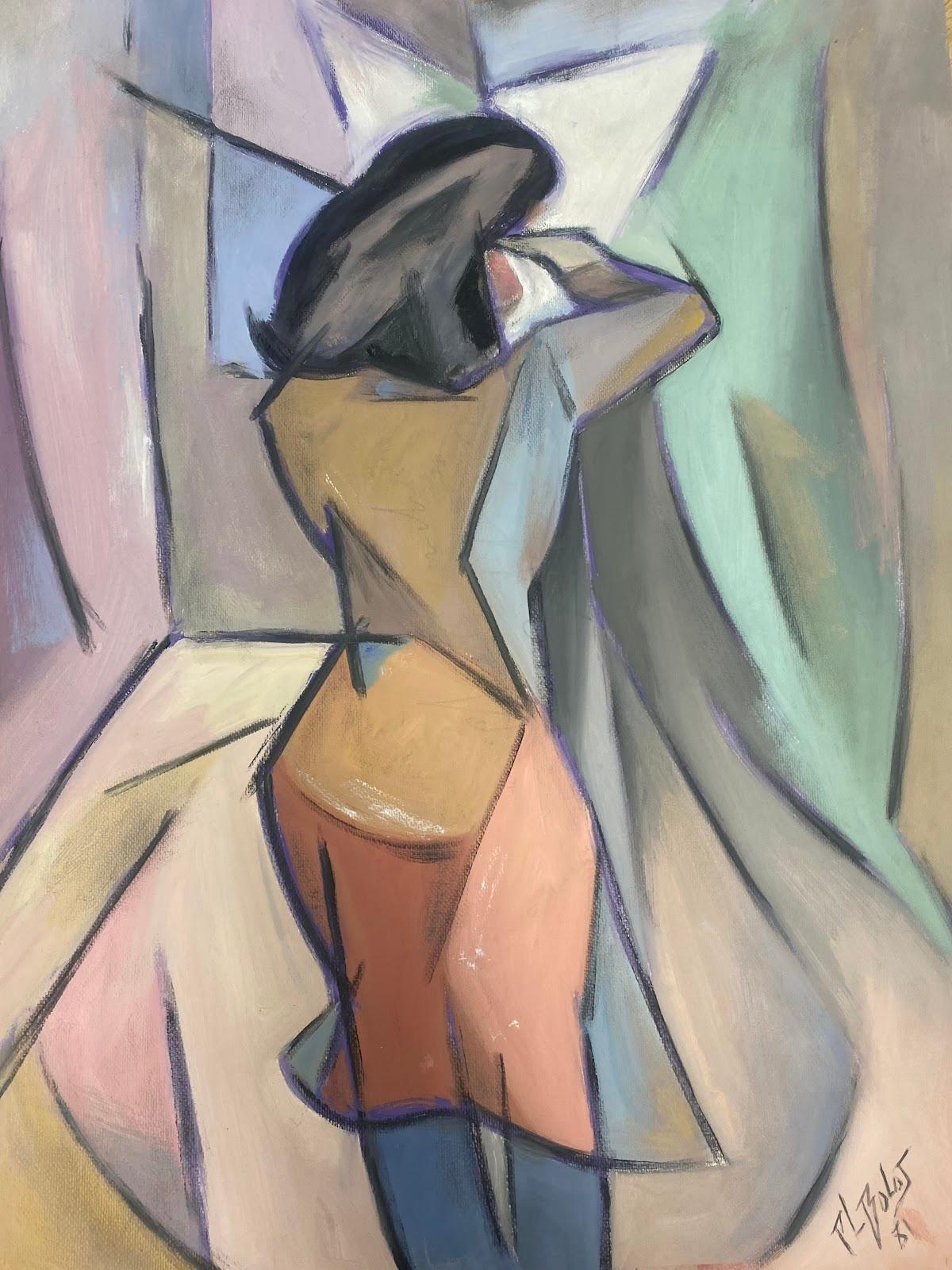 Peinture cubiste française du 20e siècle Femme jouant du violon, abstraite et mauve - Painting de Paul-Louis Bolot (French 1918-2003)