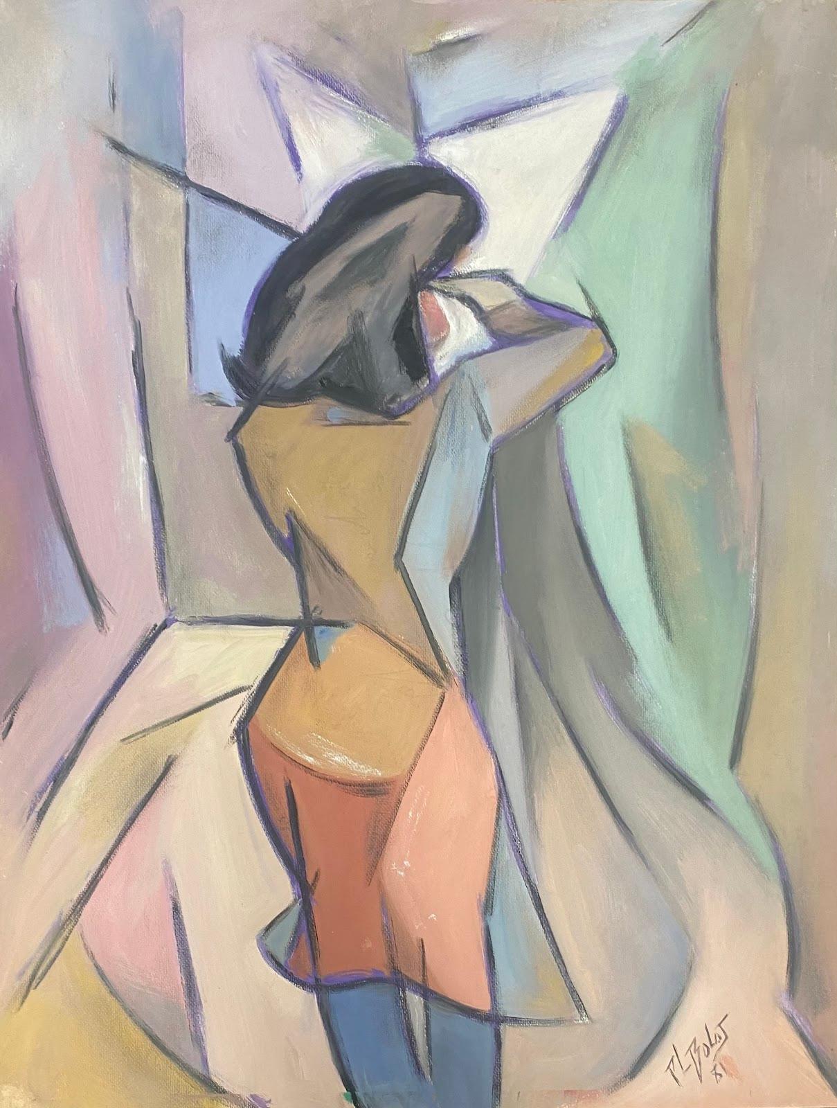 Nude Painting Paul-Louis Bolot (French 1918-2003) - Peinture cubiste française du 20e siècle Femme jouant du violon, abstraite et mauve