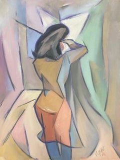 Vintage 20th Century French Cubist Painting Purple Abstract Woman Playing Violin