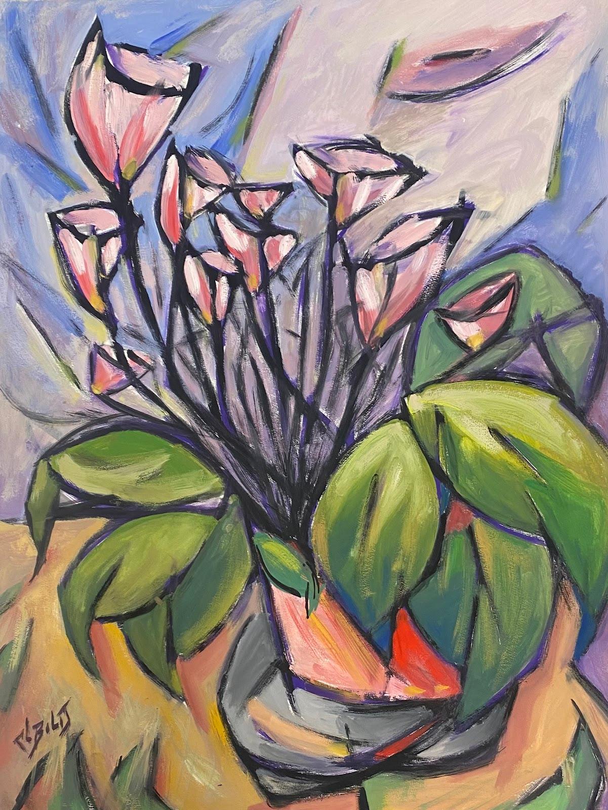 Paul-Louis Bolot (French 1918-2003) Figurative Painting - 20th Century French Cubist Styled Gouache Painting Of Pink Lilies