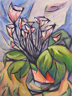 20th Century French Cubist Styled Gouache Painting Of Pink Lilies